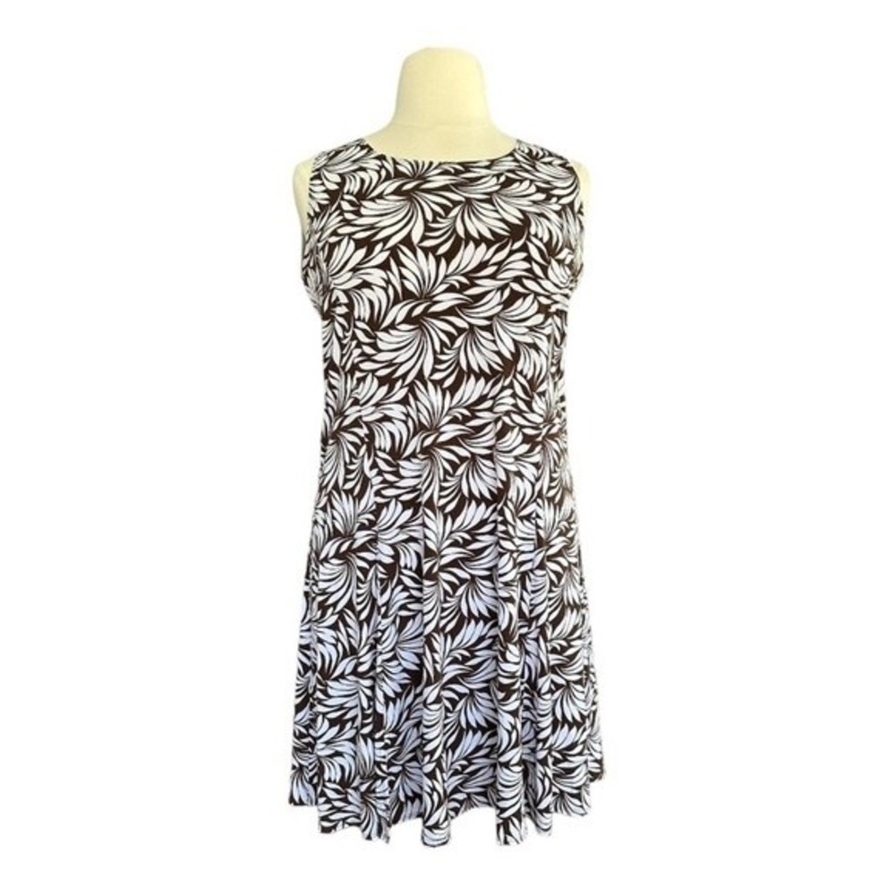Susan Graver Fit to Flare Summer Dress | Fern Pattern - Brown & White | Size L